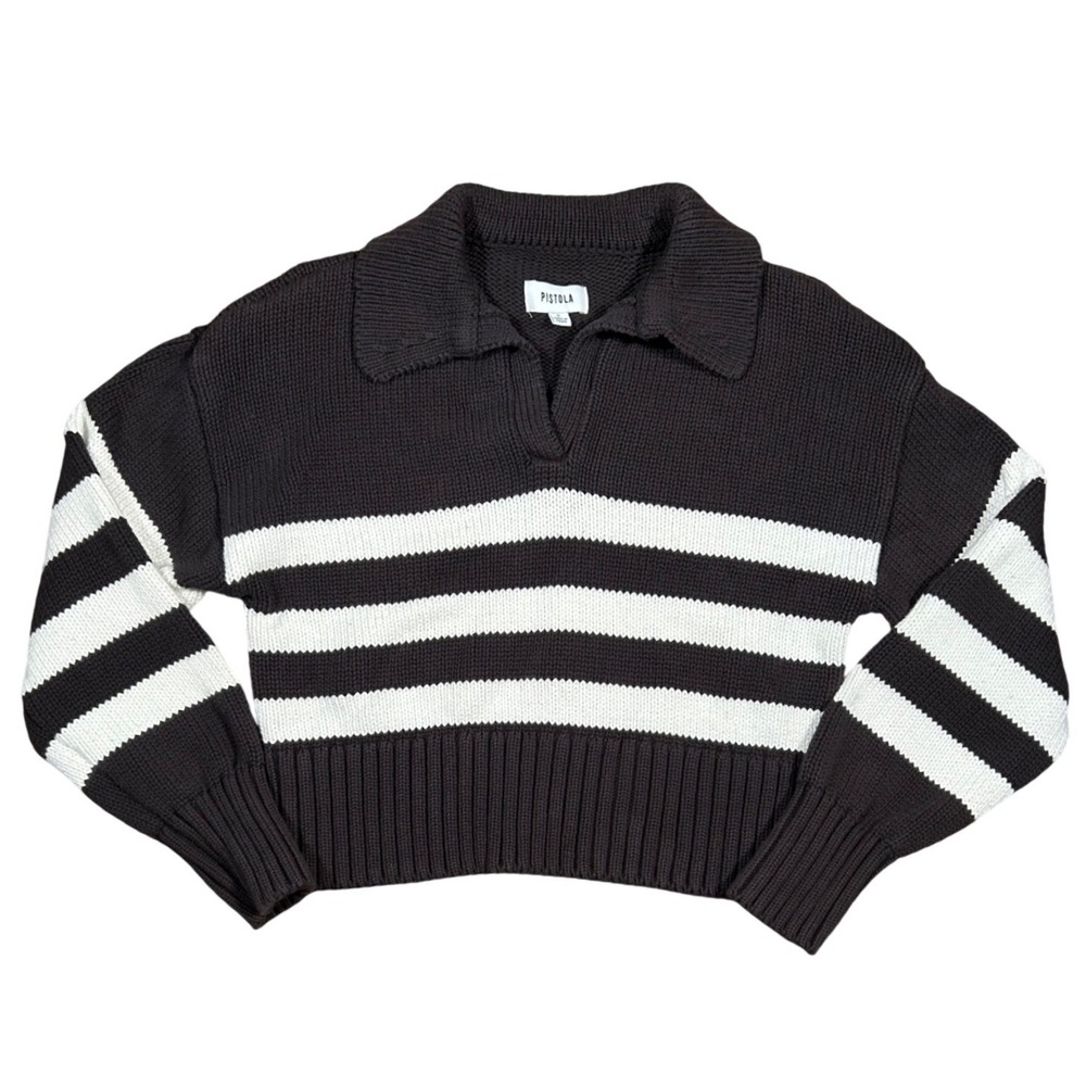 Pistola Womens Sweater Dark Blue White Striped Polo Collar Cotton Knit Small